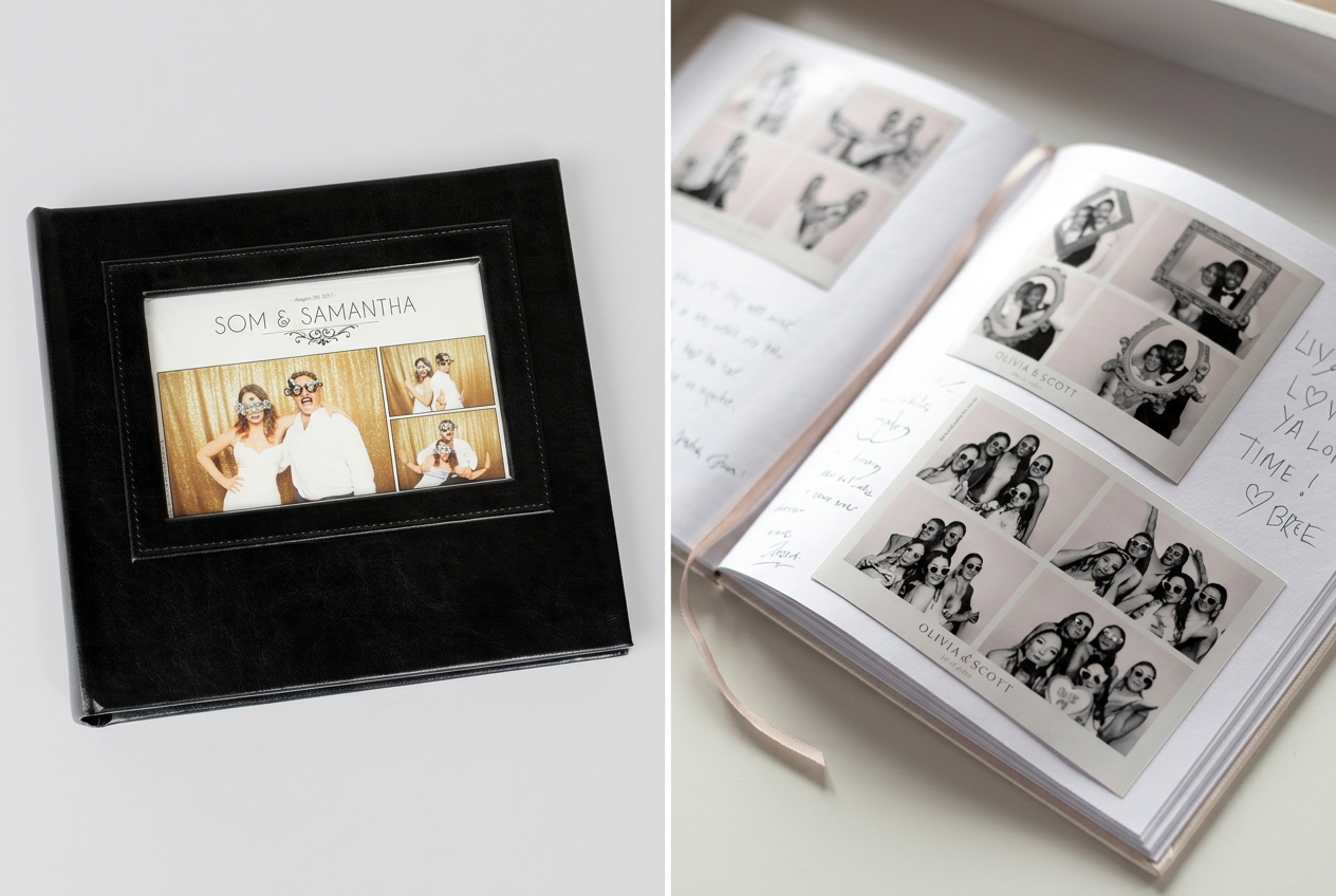 Leather photo booth guest book album beside an open book filled with photo strips and handwritten notes