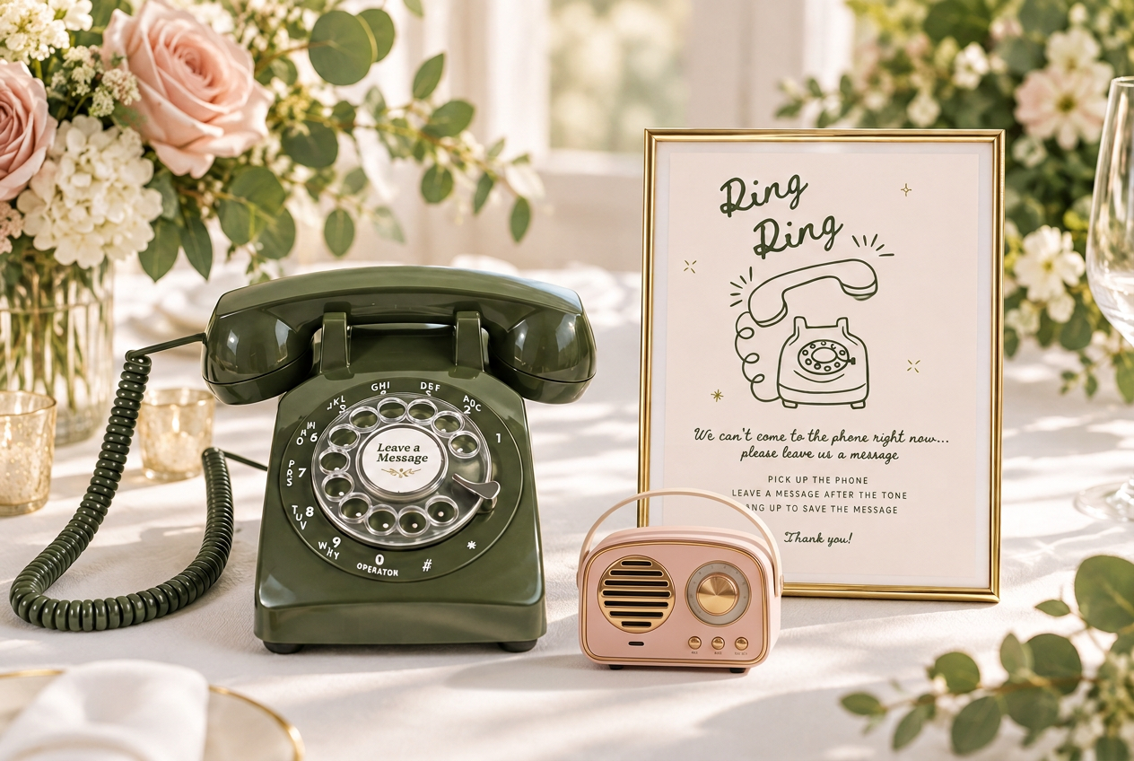 Vintage green rotary phone audio guest book beside a pink retro speaker on a wedding table